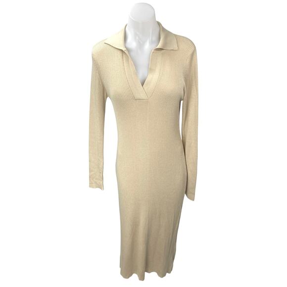Topshop Beige Long Sleeve V Neck Collared Polo Knit Sweater Midi Dress Size 8-10 - Picture 1 of 5